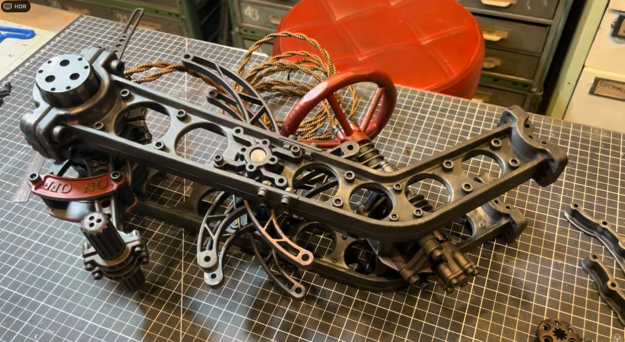 Fabricated mechanical prop on the studio workbench