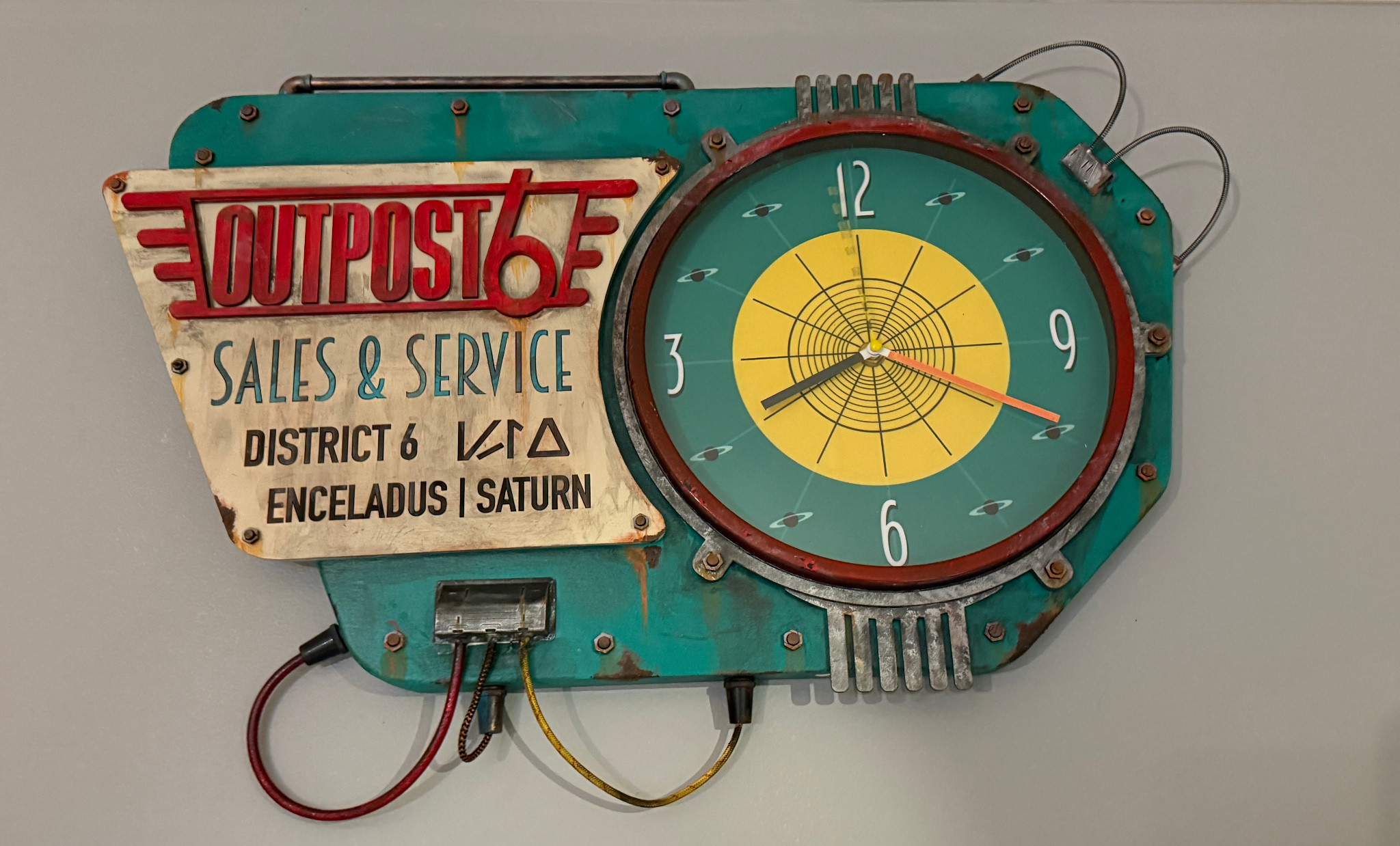 Completed teal and cream Outpost Six shop clock