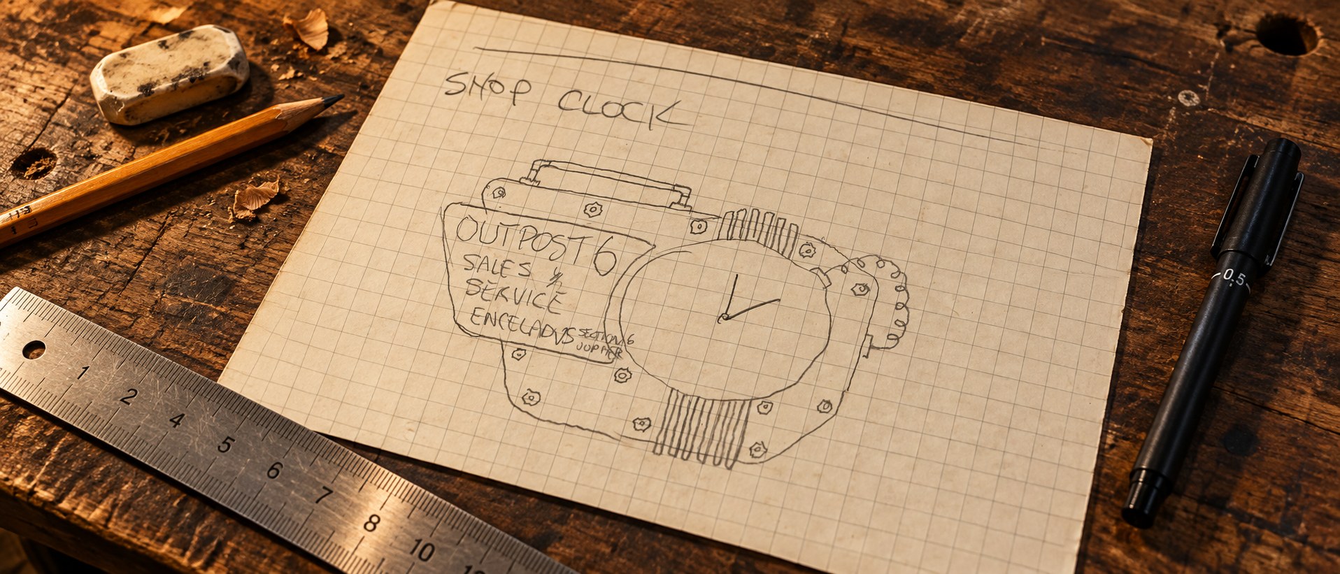 Outpost Clock concept sketch in a styled bench composition