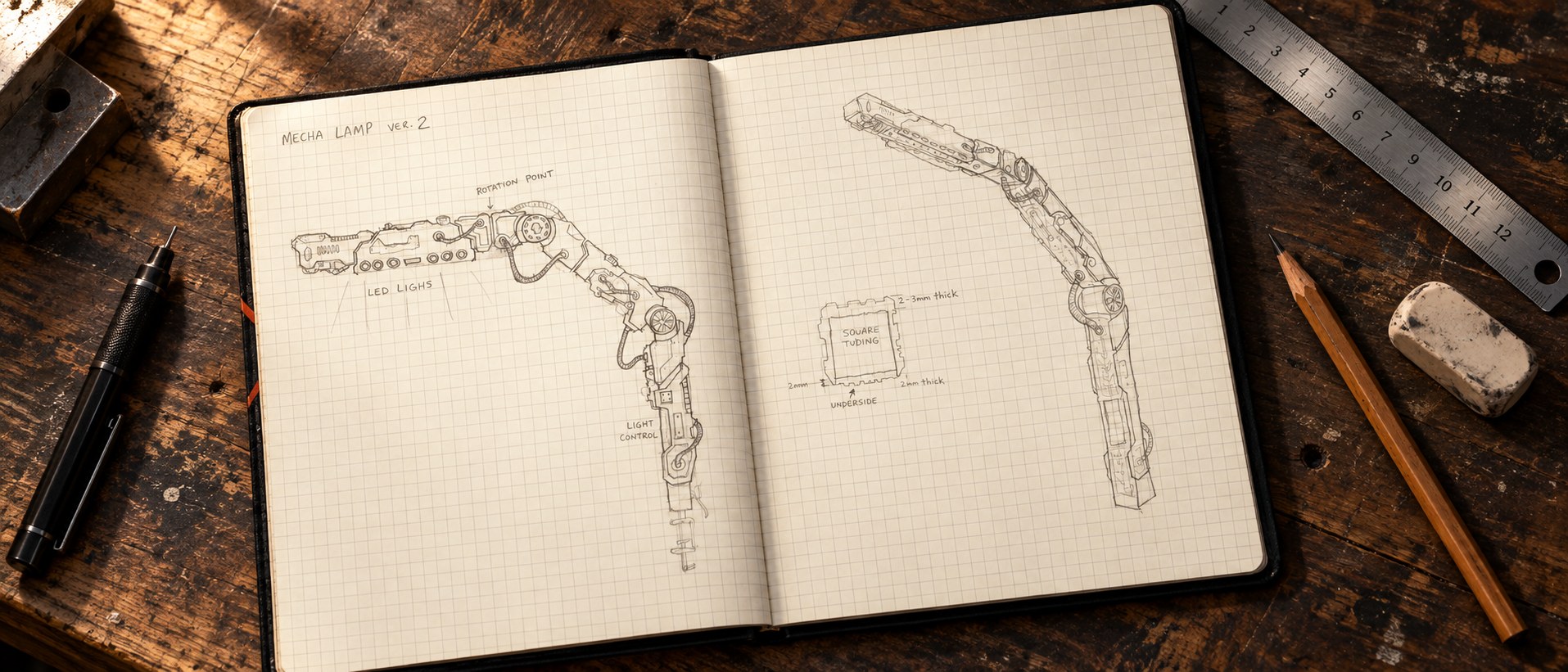 Mecha lamp concept drawings in a styled bench composition