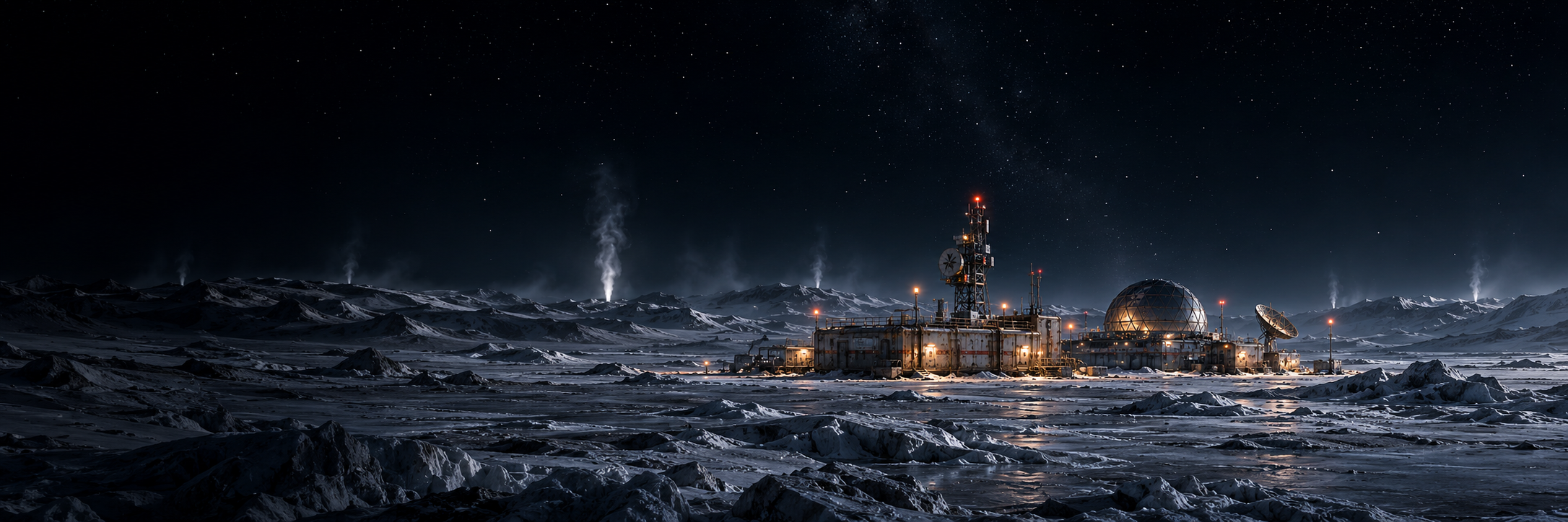 A distant Outpost Six station and illuminated geodesic dome on the icy surface of Enceladus beneath a star field
