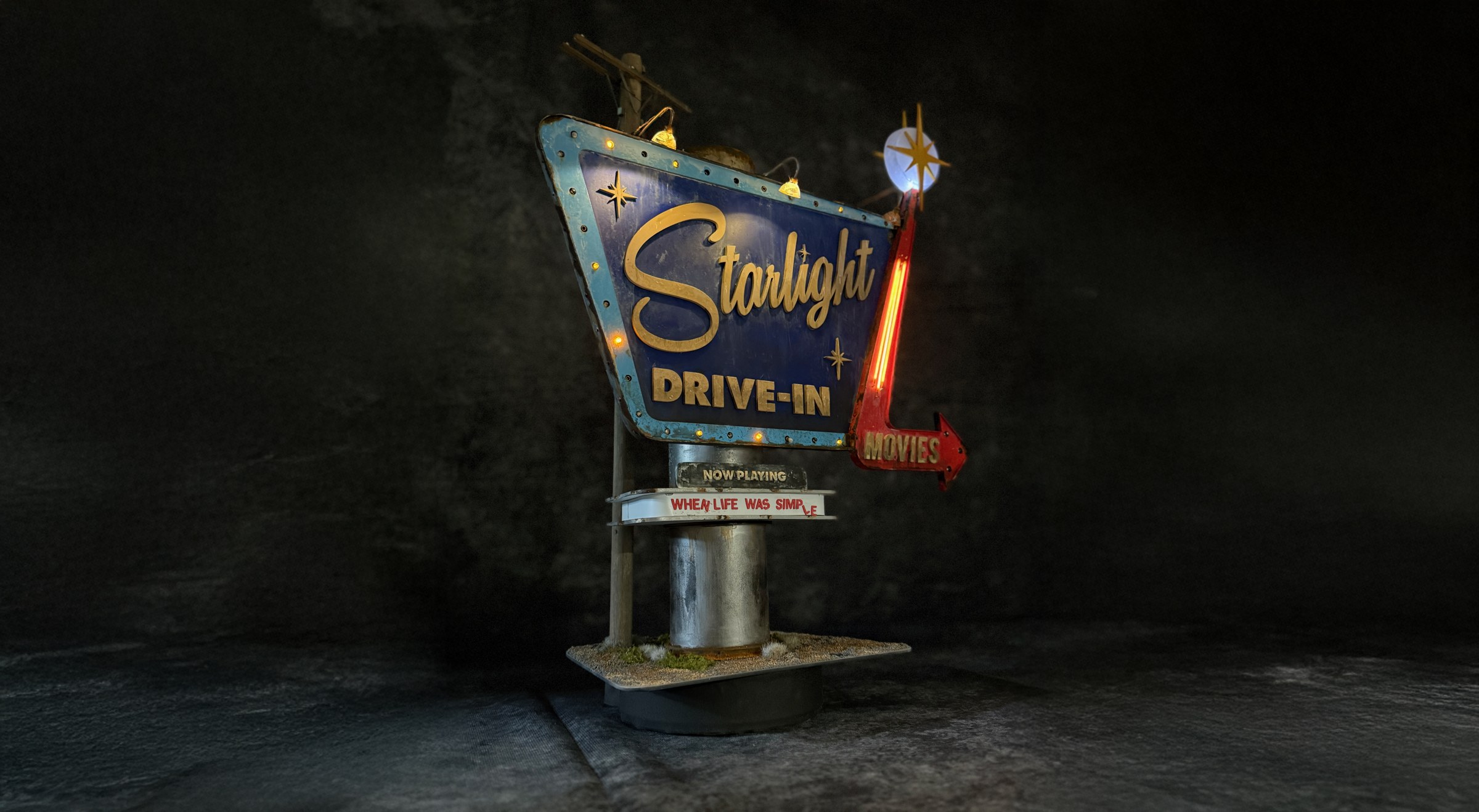 The completed illuminated Starlight Drive-In Diorama