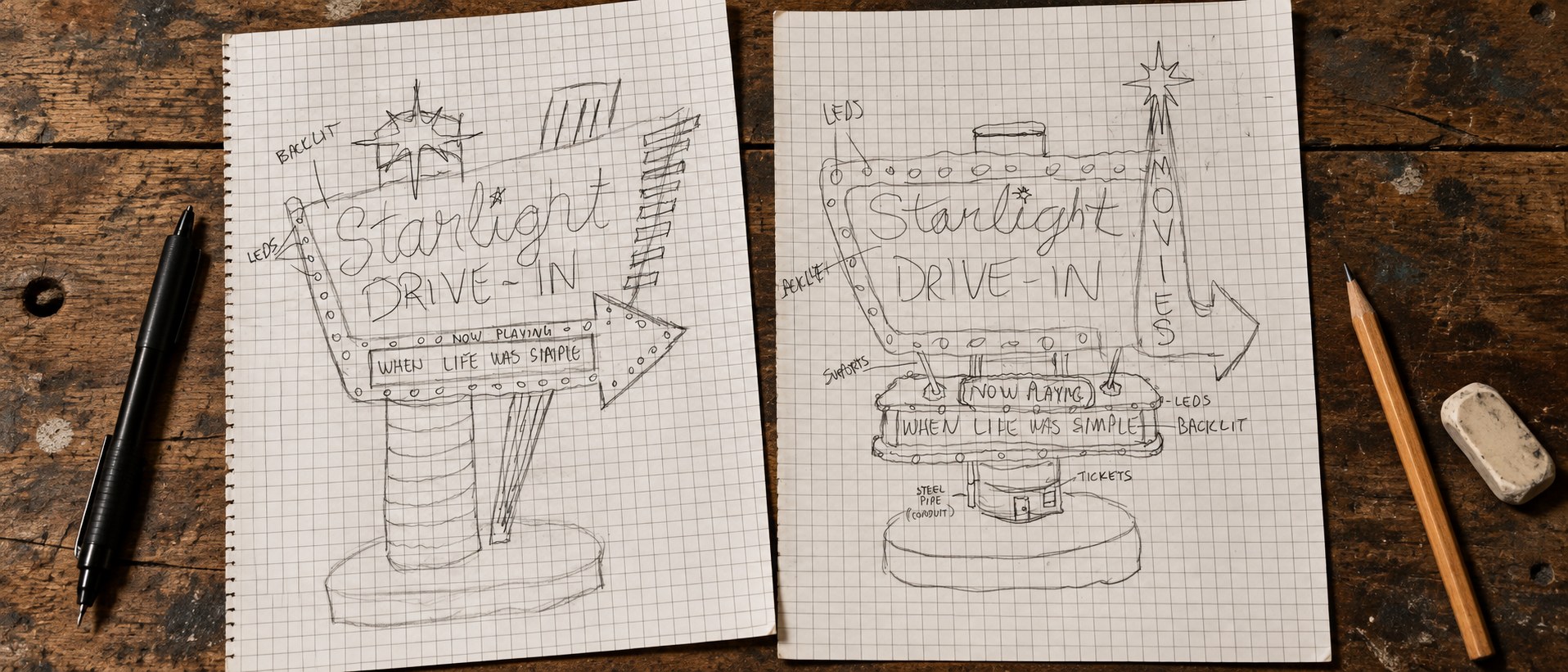 Starlight original concept drawings in a styled bench composition